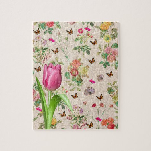 Puzzles Tulipe rose papillon floral (Vertical)