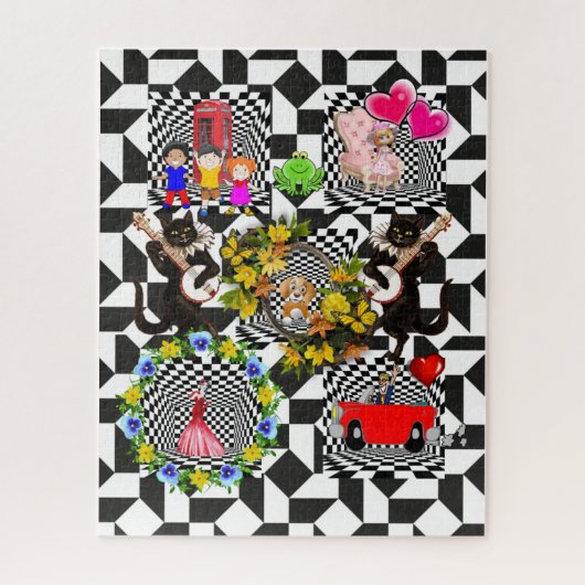 Puzzles Vintage Chien Chat Floral Cars (Vertical)