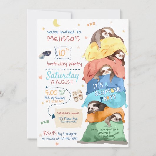 Pyjama Sloth Slumber Feest Verjaardag Uitnodiging (Voorkant)