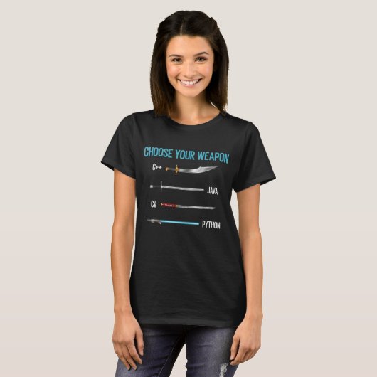 Python programmeren Kies je wapen T-shirt (Voorkant volledig)