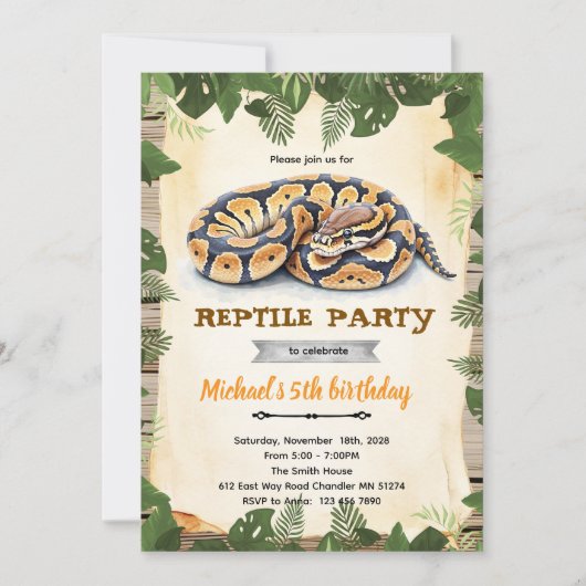 Python reptiel verjaardagsfeest uitnodiging (Voorkant)