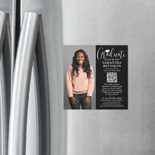 QR Afstudeer Uitnodiging Zwart Magnetisch Foto Aan