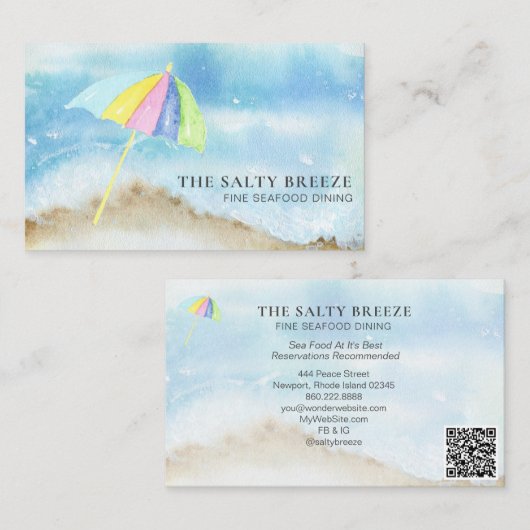 *~* QR Beach Sand Umbrella Zee Waterverf Ocean Bu Visitekaartje (Voorkant / Achterkant)