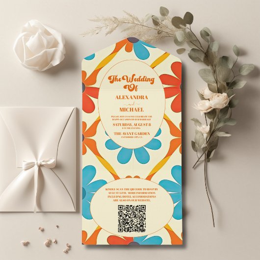 QR Code 70's Retro Groovy Oranje bruiloft All In One Uitnodiging