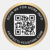 QR-code aangepaste tekst gouden gradiëntrand zwart Ronde Sticker (Voorkant)