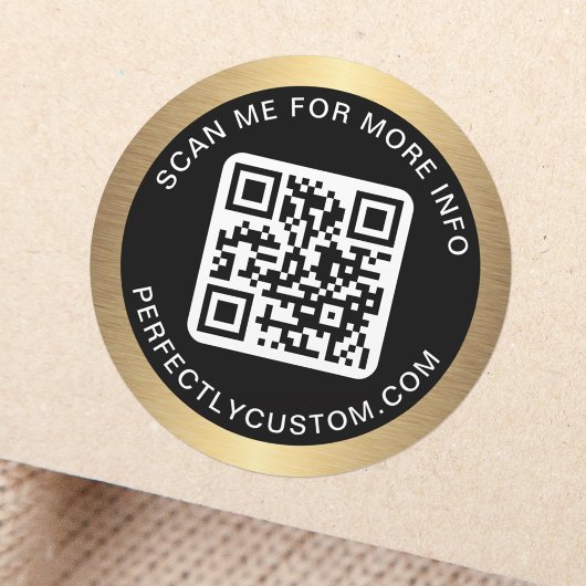 QR-code aangepaste tekst gouden gradiëntrand zwart Ronde Sticker