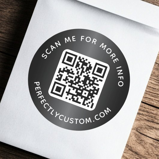 QR-code aangepaste tekst rond donkergrijs verloop Ronde Sticker