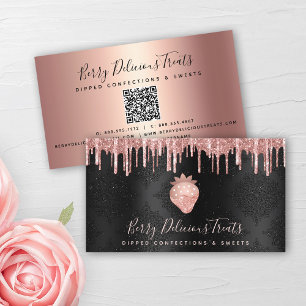 QR-code Aardbeien Roos Gold Drip Confection Black Visitekaartje