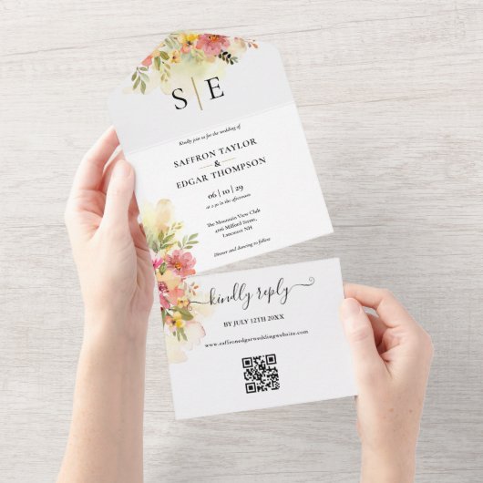 QR Code Aquarel Bloemige Monogram Huwelijk All In One Uitnodiging (Afscheurbaar)