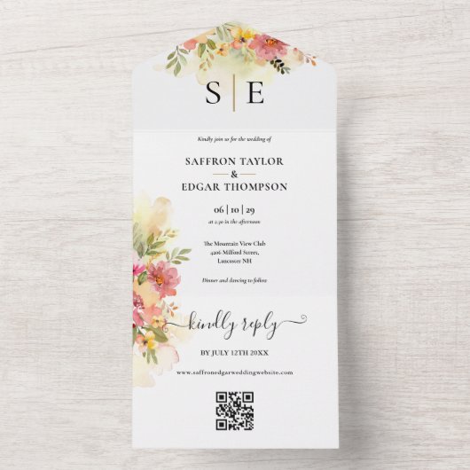 QR Code Aquarel Bloemige Monogram Huwelijk All In One Uitnodiging (Binnen)