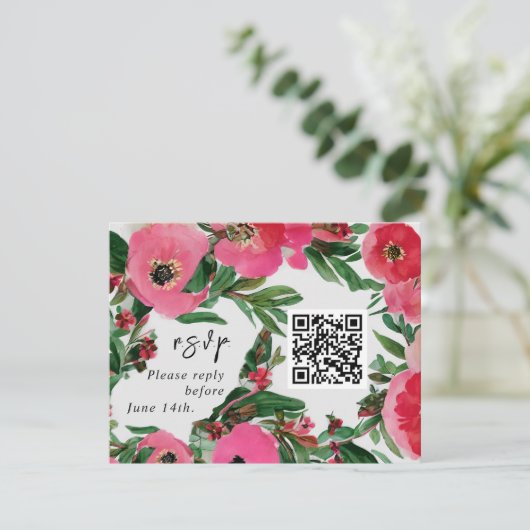 QR Code Aquarelle rose Anémone Mariage RSVP (Debout devant)
