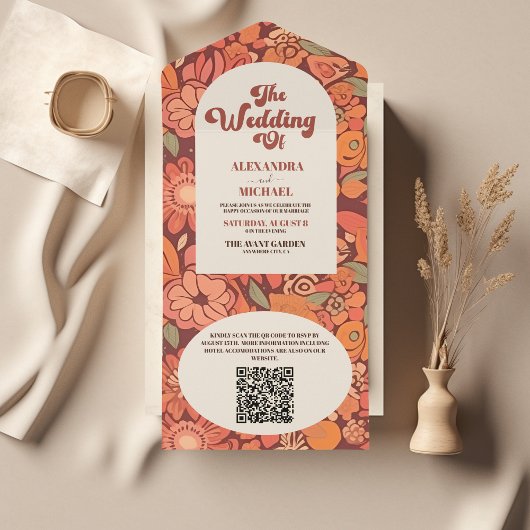 QR Code Arch Groovy Retro 70s Bloemen bruiloft All In One Uitnodiging