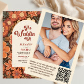 QR Code Arch Groovy Retro 70s Bloemen bruiloft Kaart