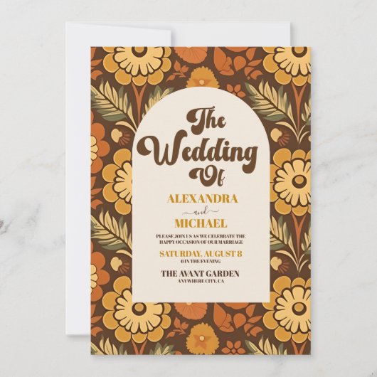 QR Code Arch Moderne Retro 70s Bloemen Bruiloft Kaart (Voorkant)
