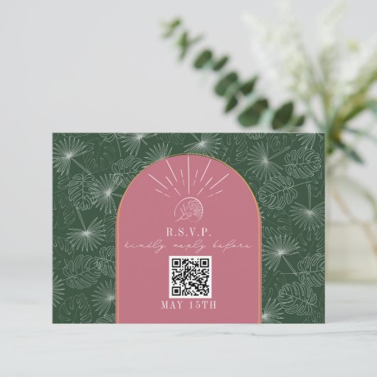 QR Code Arch rose Vert Palm Tropical Mariage RSVP (Debout devant)