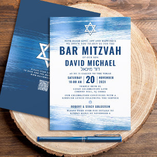 QR Code Bar Mitswa Navy Bold Typografie Blauwe Fol Kaart