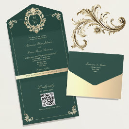 QR Code Barok Goud Smaragdgroen Huwelijk All In One Uitnodiging