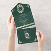 QR Code Barok Goud Smaragdgroen Huwelijk All In One Uitnodiging (Afscheurbaar)