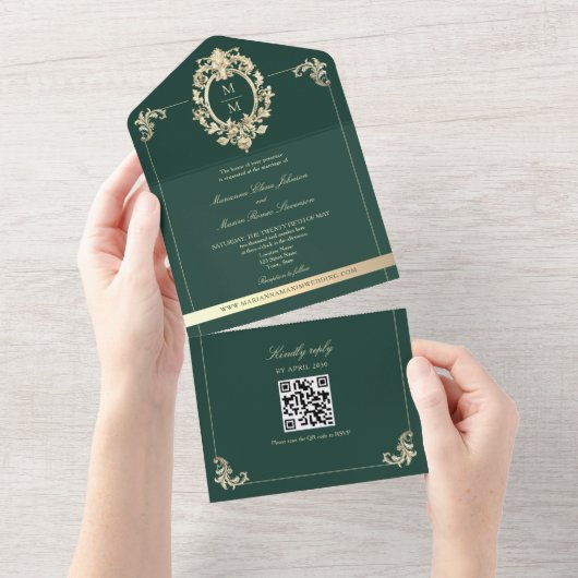 QR Code Barok Goud Smaragdgroen Huwelijk All In One Uitnodiging (Afscheurbaar)