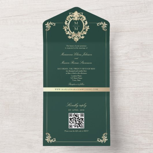 QR Code Barok Goud Smaragdgroen Huwelijk All In One Uitnodiging (Binnen)