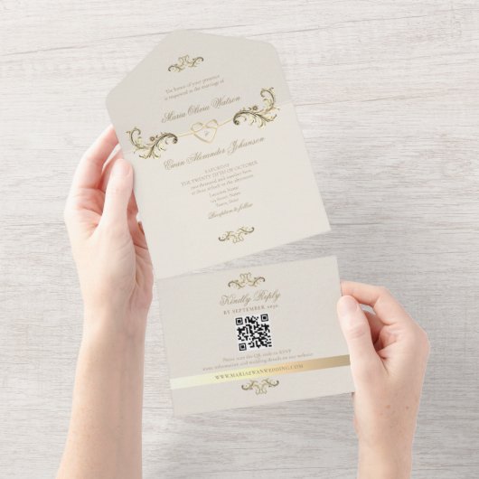 QR Code Barok Gouden Huwelijk All In One Uitnodiging (Afscheurbaar)