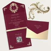 QR Code Baroque Burgundy Gold Wedding All In One Uitnodiging