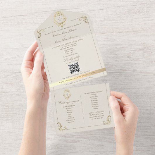 QR Code Baroque Monogram Wedding All In One Uitnodiging (Afscheurbaar)