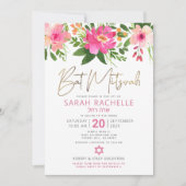 QR Code Bat Mitswa Roze Bloemen Goud Script Modern Kaart (Voorkant)