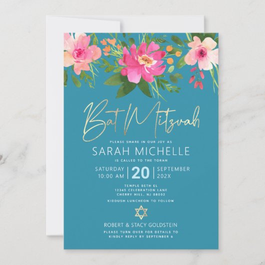 QR Code Bat Mitswa Turquoise Bloemen Goud Script Kaart (Voorkant)
