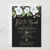 QR Code Bat Mitswa Zwart Goud Bloemgeschrift Girly Kaart (Voorkant)