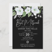 QR Code Bat Mitswa Zwart Zilver Bloemen Script Kaart (Voorkant)