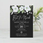 QR Code Bat Mitswa Zwart Zilver Bloemen Script Kaart (Staand voorkant)