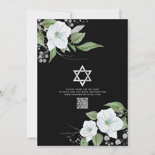 QR Code Bat Mitswa Zwart Zilver Bloemen Script Kaart (Achterkant)