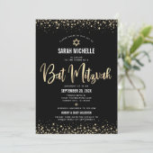 QR Code Bat Mitzvah Modern Zwart Goud Glitters Gla Kaart (Staand voorkant)