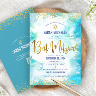 QR Code Bat Mitzvah Turquoise Waterverf Gold Folie Kaart