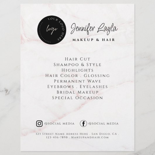 QR Code Beauty Salon Custom Logo Pink Marble Flyer (Voorkant)
