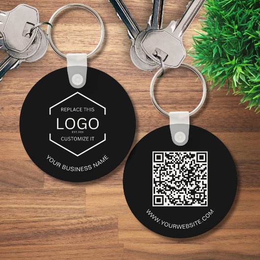 QR Code Bedrijf Black Business Logo Round Sleutelhanger
