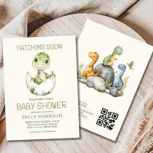 QR Code Beige Dinosaurus Hatching Soon Baby shower Kaart