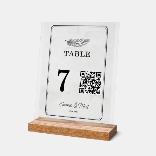 QR Code Beige Elegante Trouwtafel Nummer Kaart Acryl Bord (Hoek)