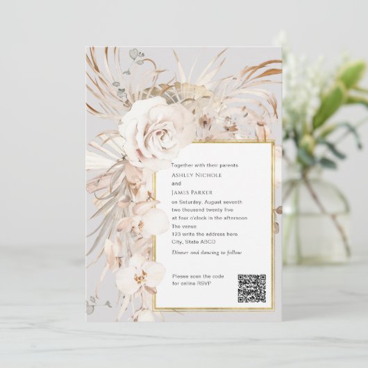 QR-code, beige elegante waterverf florale bruiloft Kaart (Staand voorkant)
