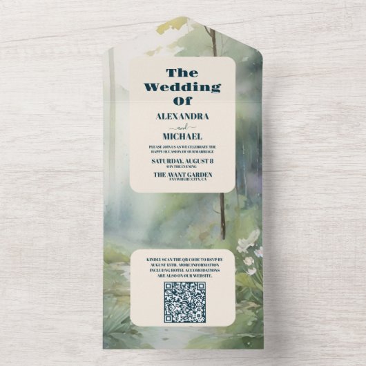 QR Code Bergbos Elegante Rustieke Bruiloft All In One Uitnodiging (Binnen)