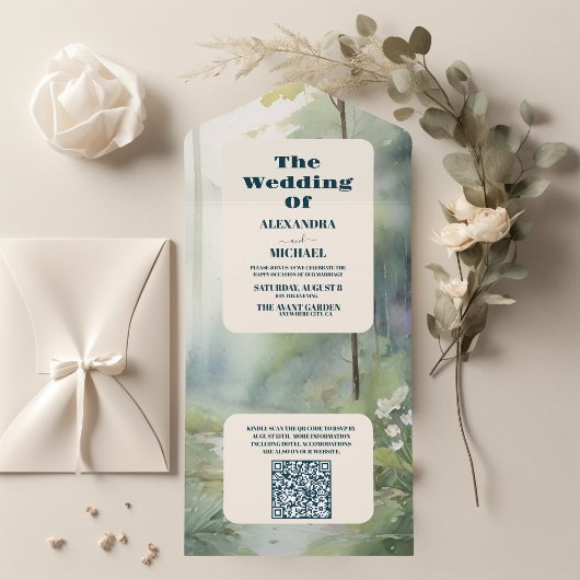 QR Code Bergbos Elegante Rustieke Bruiloft All In One Uitnodiging