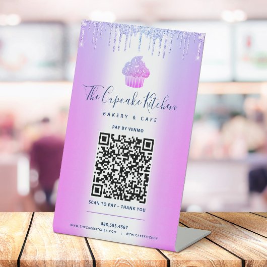 QR Code Betaal Hier Paarse Cupcake Glitter Banketb Reclamebord Met Voetstuk