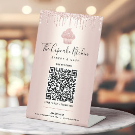 QR-code betaal hier Roos Gold Cupcake Glitter Bake Reclamebord Met Voetstuk