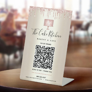 QR-code Betaal hier Roze bankbakkerij Glitter Gold Reclamebord Met Voetstuk