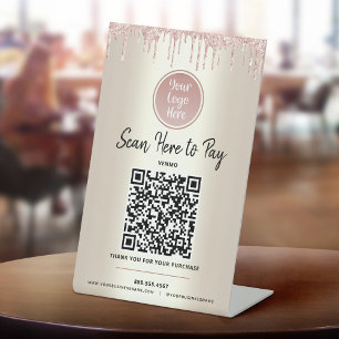 QR Code Betaal Hier Roze Glitters Glans Aangepast Reclamebord Met Voetstuk