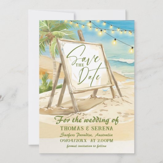 QR-code Bewaar de datum Strand Bruiloft Bestemming Kaart (Voorkant)