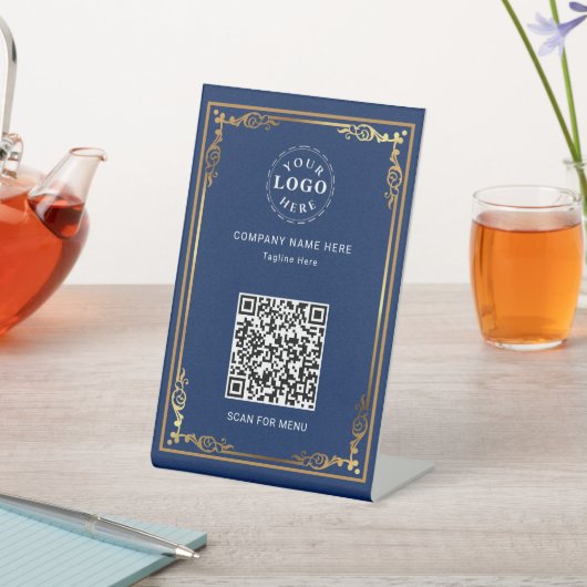 QR-code bijgevoegd Gepersonaliseerde Navy Blue Reclamebord Met Voetstuk (Insitu)