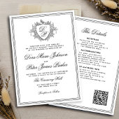 QR code black and white crest monogram wedding Kaart