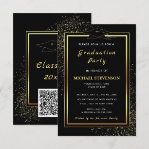 QR Code Black Gold Glitter Afstudeeruitnodigingen Kaart